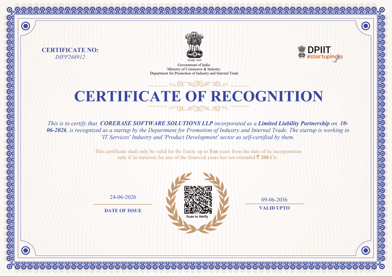 Startup India DPIIT Recognized Certificate